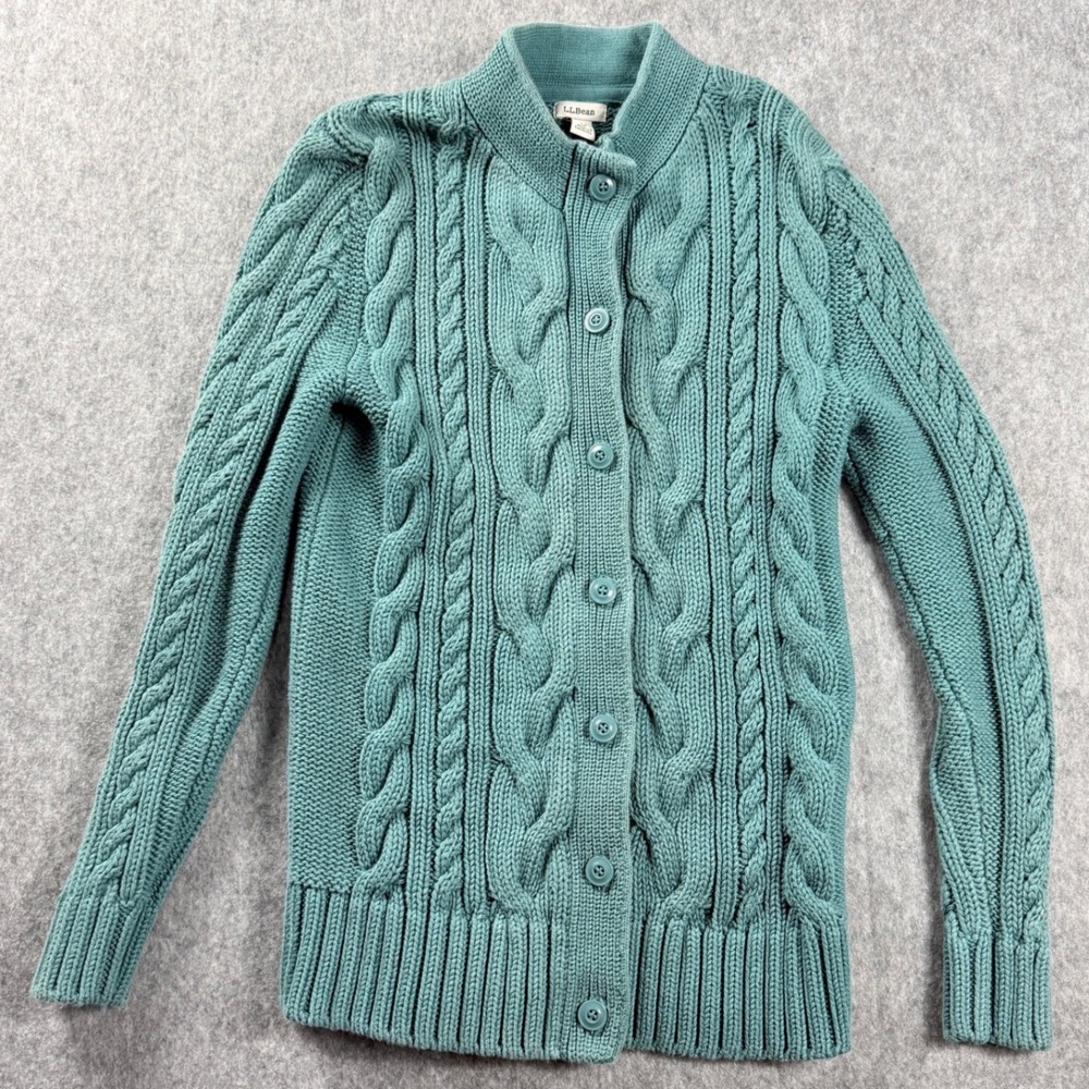 LL Bean Cable Knit Cardigan Sweater XS Petite Teal 100% Cotton Button Front